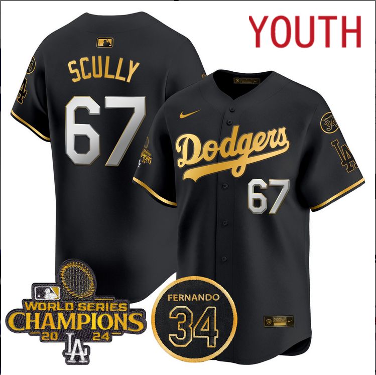Youth MLB Los Angeles Dodgers 67 Scully black 2024 World Series Champions Patch Limited Jersey